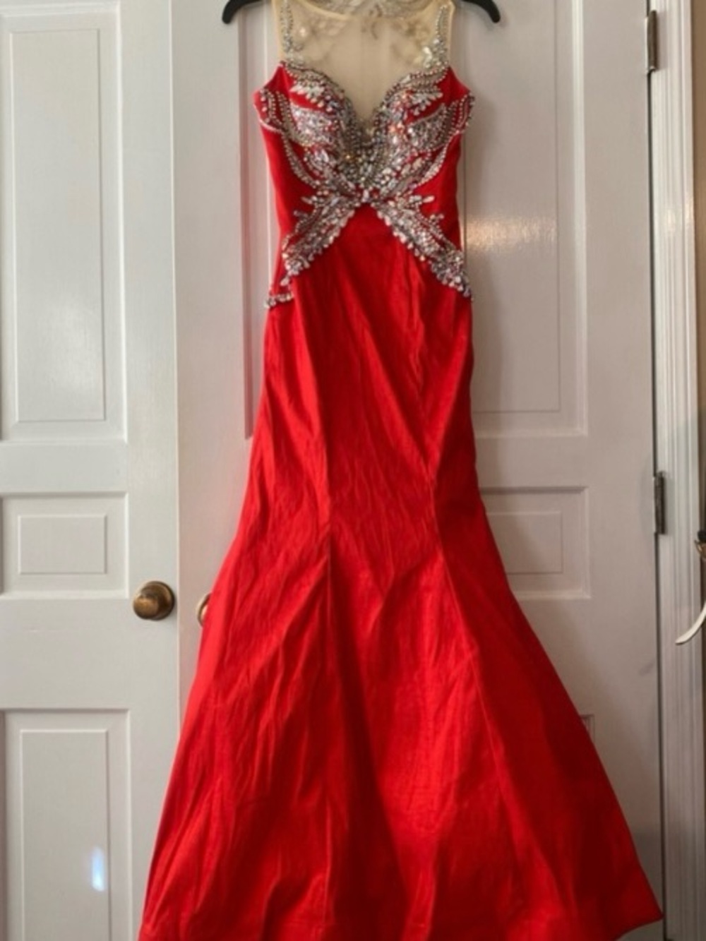 Rachel Allan Red Beaded Illusion Neck Prom Gown